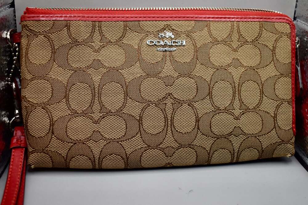 Coach Signature Double Zip Wristlet in Khaki and Red Canvas